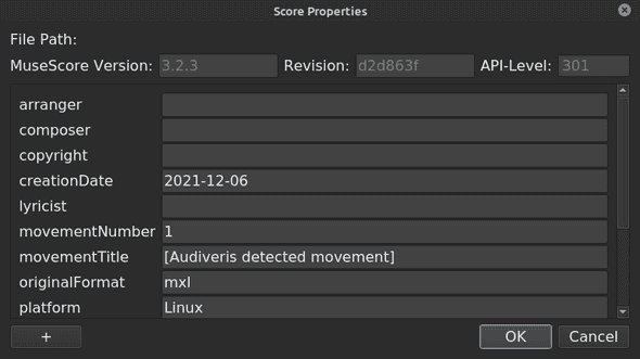 MuseScore score properties dialog MuseScore score properties dialog
