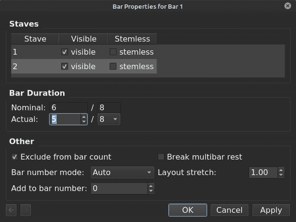 MuseScore Bar Properties dialog MuseScore Bar Properties dialog
