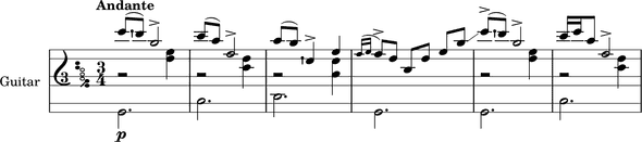 Adelita measures 1-6 with three octave staff Adelita measures 1-6 with three octave staff