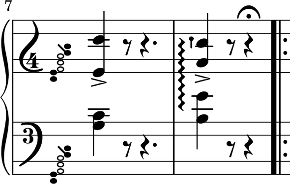 Tarantella measures 7-8 with continuous arpeggio sign across both staves Tarantella measures 7-8 with continuous arpeggio sign across both staves