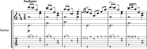 Adelita measures 1-6 with finger corrections in the tablature staff Adelita measures 1-6 with finger corrections in the tablature staff